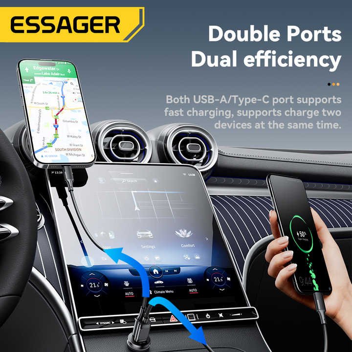 ESSAGER? | 45W - Hurtig Biloplader - USB-A & USB-C - Sort - Image 2